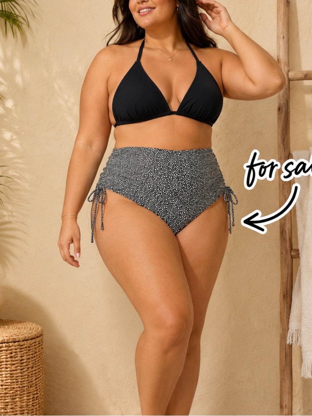 Shade & Shore High Waist Ruched Swim Bottoms Black White 1X NWT